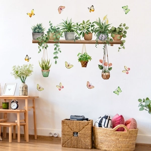 Adesivi murali creativi con piante verdi e farfalle per decorazione del soggiorno