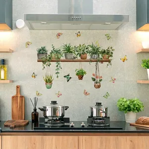 Adesivi murali piante in vaso con farfalle su mensola per decorazione soggiorno