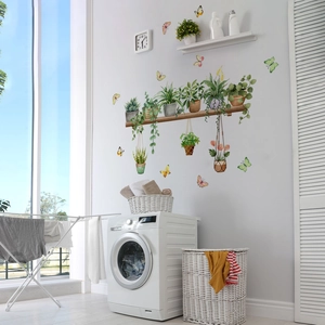 Adesivi murali acquerello con piante in vaso e farfalle per decorazione lavanderia
