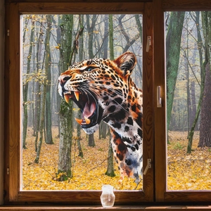 Detailed close-up of a realistic roaring leopard glass sticker with high-resolution fur texture