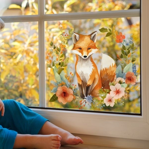 Detailed watercolor window sticker showing a cute orange fox with autumn flowers