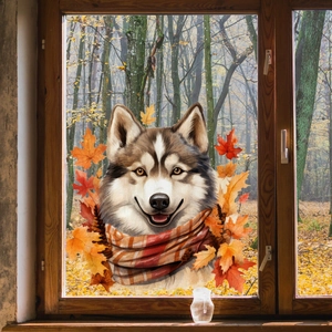 Close-up of husky dog window sticker with autumn maple leaves on glass panel