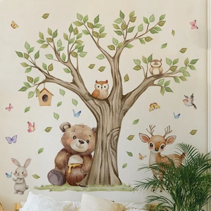 Detailed wall sticker featuring a hand-painted forest tree with cute bear and deer animals