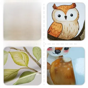 Detail showing double-sided cartoon deer and owl wall stickers with hand-drawn texture