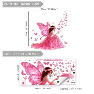 Cartoon fairy girl and butterflies wall sticker set measuring 78x74cm for home decor
