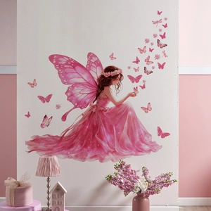Dreamy Butterfly Fairy Girls Wall Stickers DIY PVC Self Adhesive Pink Purple Fairy Moon Butterfly Floral Mural For Kids Room Decoration