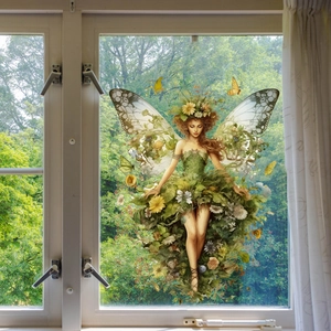 Creative cartoon forest fairy window sticker with green leaves and yellow butterflies