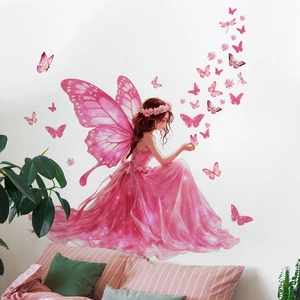 Pink fairy girl wall sticker with butterfly and flower elements for bedroom decoration