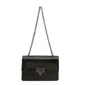 Chic black patent leather crossbody bag with metal chain strap and geometric buckle