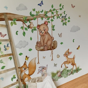 Forest animal wall decals with watercolor bear, deer and trees for kids bedroom decor