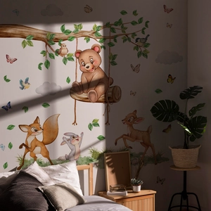 Watercolour forest animal wall stickers featuring brown bear, fox and deer for nursery