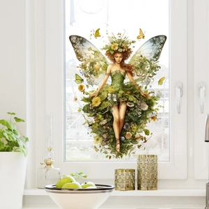 Exquisite forest fairy window sticker with floral crown and leaf dress on glass surface