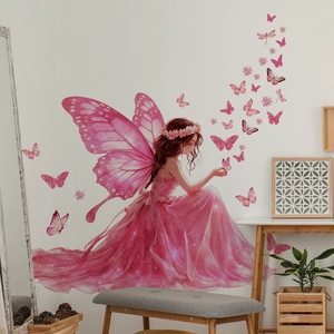 Pink fairy and butterfly wall decals for living room with dreamy floral aesthetics