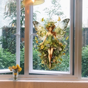 Detailed translucent forest fairy window sticker with floral wings and butterflies