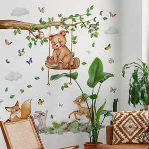 Watercolor forest animal wall decals featuring bears on swings and deer for nursery decor