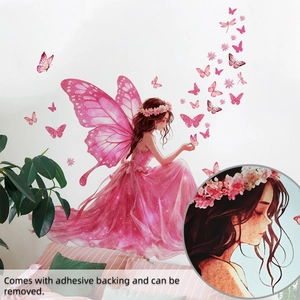 Close-up of pink fairy butterfly wall sticker showing self-adhesive and removable texture