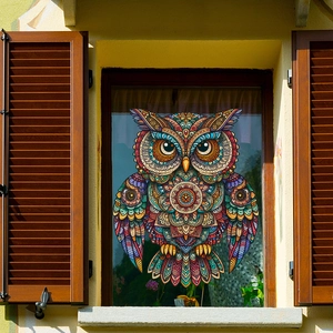 Colorful mandala owl window sticker with intricate floral patterns for glass decoration