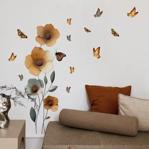 Minimalist vintage floral and butterfly wall decals in warm earth tones for living room