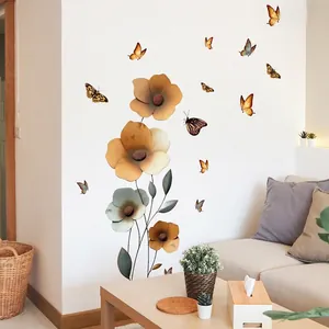 Retro golden floral and butterfly wall stickers for living room sofa background decor