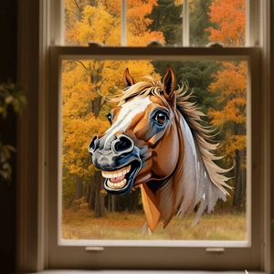 Detailed view of creative cartoon horse window decal on glass with autumn forest backdrop