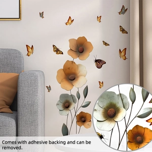 Detail of self-adhesive floral and butterfly wall decals in a modern living room setting