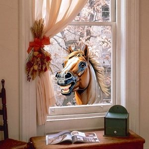 Realistic brown horse head window sticker for home decor shown in a cozy room setting