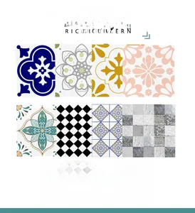 Detail showing eight vintage French tile sticker patterns with bohemian and floral designs