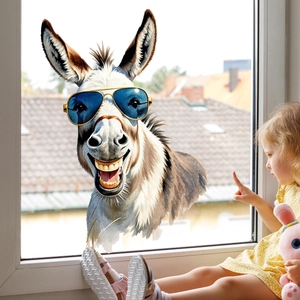Funny donkey window sticker with pilot sunglasses and big grin on glass surface