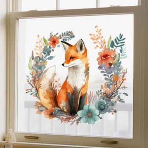 Detail van de artistieke waterverf raamsticker met rode vos en fleurige bloemen