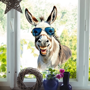 Funny cartoon donkey with sunglasses window sticker shown in a bright home interior