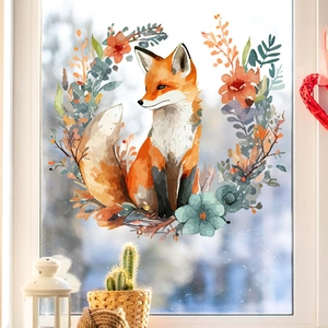 Detail van statische raamsticker met aquarel vos en bloemenkrans op helder vensterglas
