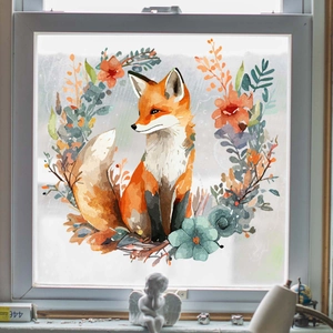 Detail van statische raamsticker met vos en bloemenkrans op glasoppervlak