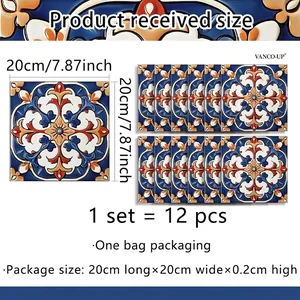 Set of 12 mandala pattern tile stickers in 20cm x 20cm size for kitchen wall decor