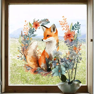 Creatieve statische raamsticker met aquarel vos en bloemen voor woonkamerdecoratie