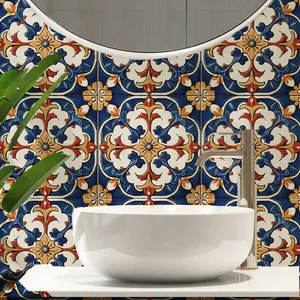 Vintage mandala tile stickers with blue and caramel marble patterns for bathroom decor
