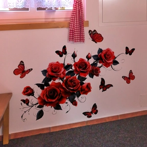 Elegant red roses and butterflies wall decal set for living room background decoration