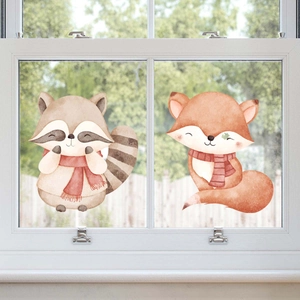 Creatieve statische raamstickers met wasbeer en vos in aquarelontwerp dubbelzijdig decor