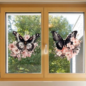 Symmetric double-sided window decals with pink flowers and butterflies on glass