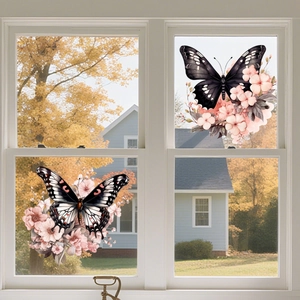 Detailed watercolor black butterfly and pink cherry blossom window decals on a glass pane