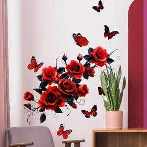 Artistic red roses and butterflies wall stickers for home living room background decoration
