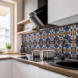 Detailed kitchen backsplash view with vintage Moroccan mandala self-adhesive tile stickers