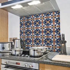 Moroccan style tile stickers on kitchen backsplash with blue and orange mandala patterns