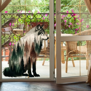 Creative double-sided wolf silhouette window sticker with forest scenery for home glass decor