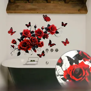 Detail of red rose and butterfly wall stickers with self-adhesive backing on a bathroom wall