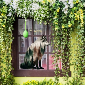 Artistic double exposure wolf silhouette window sticker with forest landscape and floral decor