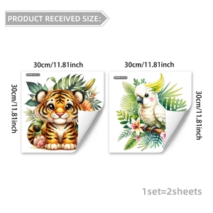 Gedetailleerd beeld van twee raamstickers van 30x30cm met cartoon tijger en kaketoe