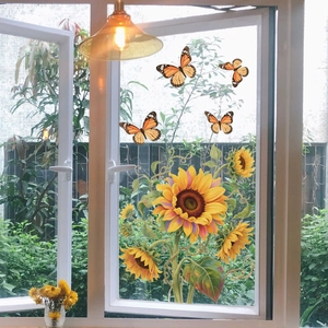 Vibrant sunflower and butterfly window stickers with double-sided visual effect for home decor