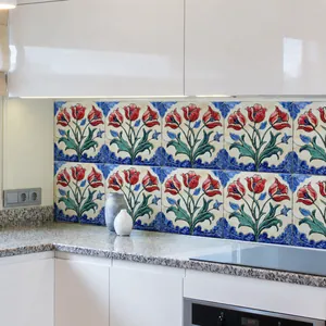 Kitchen backsplash featuring retro Turkish Iznik style tulip tiles with vibrant colors