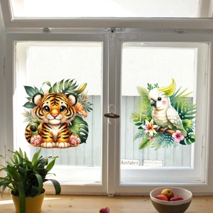 Statische raamstickers met cartoon tijger en papegaai voor huisdecoratie in kleur
