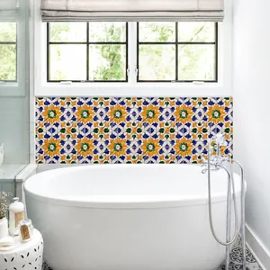 Detailed Moroccan style mosaic tile sticker with geometric patterns in blue and orange